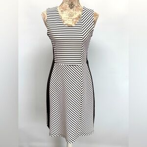 HALOGEN Black and white stripe sleeveless V neck midi dress size S.